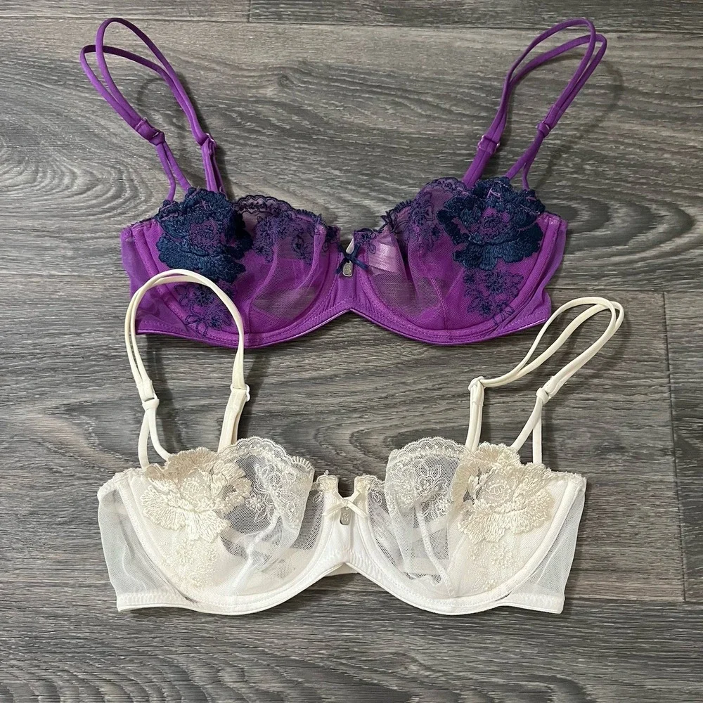 Lot Of 2 Victorias Secret Y2K Ivory Purple Lace Push Up Without Padding Bra 32C